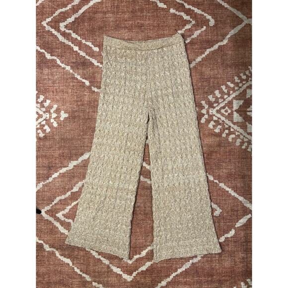 Lulus Twice the Cozy Beige Cable Knit Wide-Leg Lounge Pants Boho Hippie Large - Picture 4 of 6